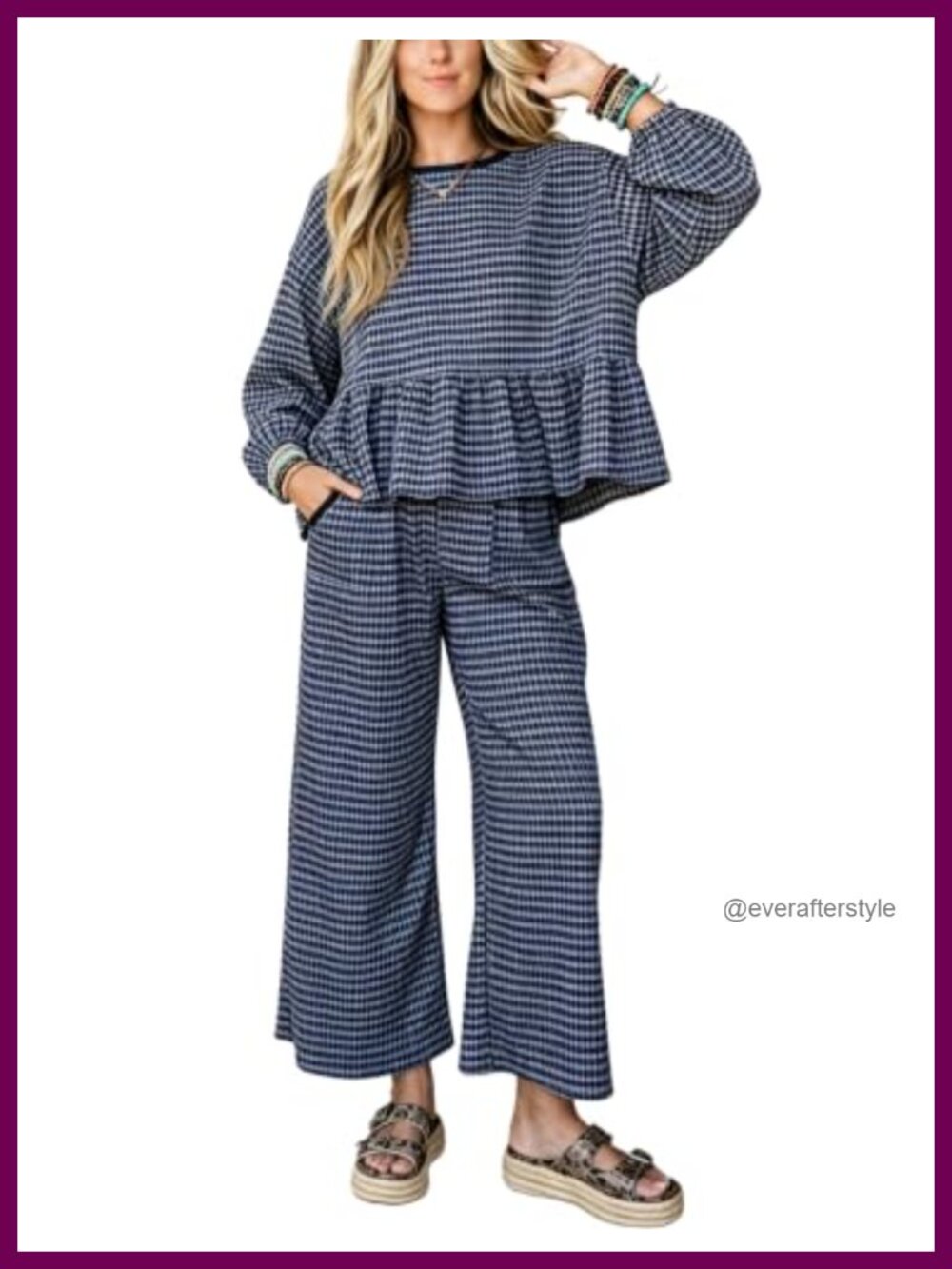 Gingham 2 Piece Lounge Set Peplum Top Wide Leg Pants